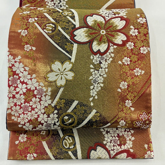 袋帶 秀品級 櫻花 寶物滿載 刺繡 金絲 金色 六通 純蠶絲