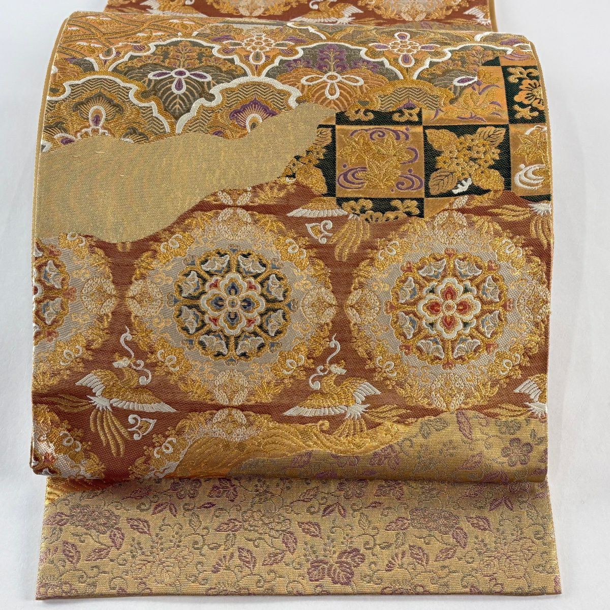 【美品】 袋帶 秀品級 華紋 桐 金絲 金金箔 金茶 六通 純蠶絲
