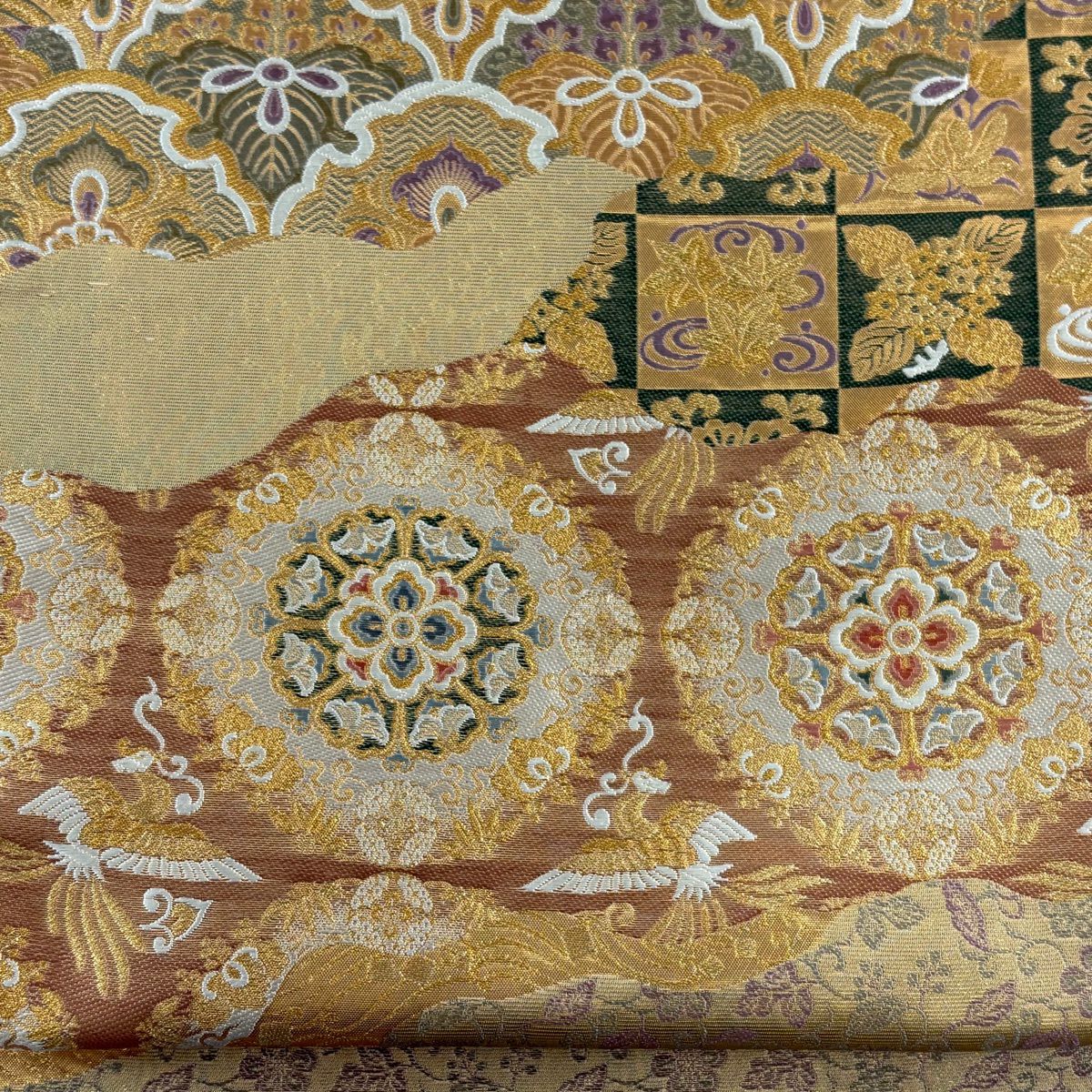 【美品】 袋帶 秀品級 華紋 桐 金絲 金金箔 金茶 六通 純蠶絲