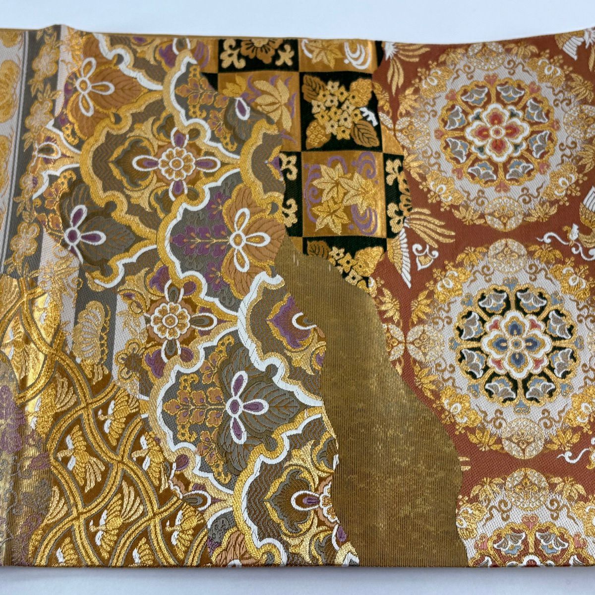 【美品】 袋帶 秀品級 華紋 桐 金絲 金金箔 金茶 六通 純蠶絲