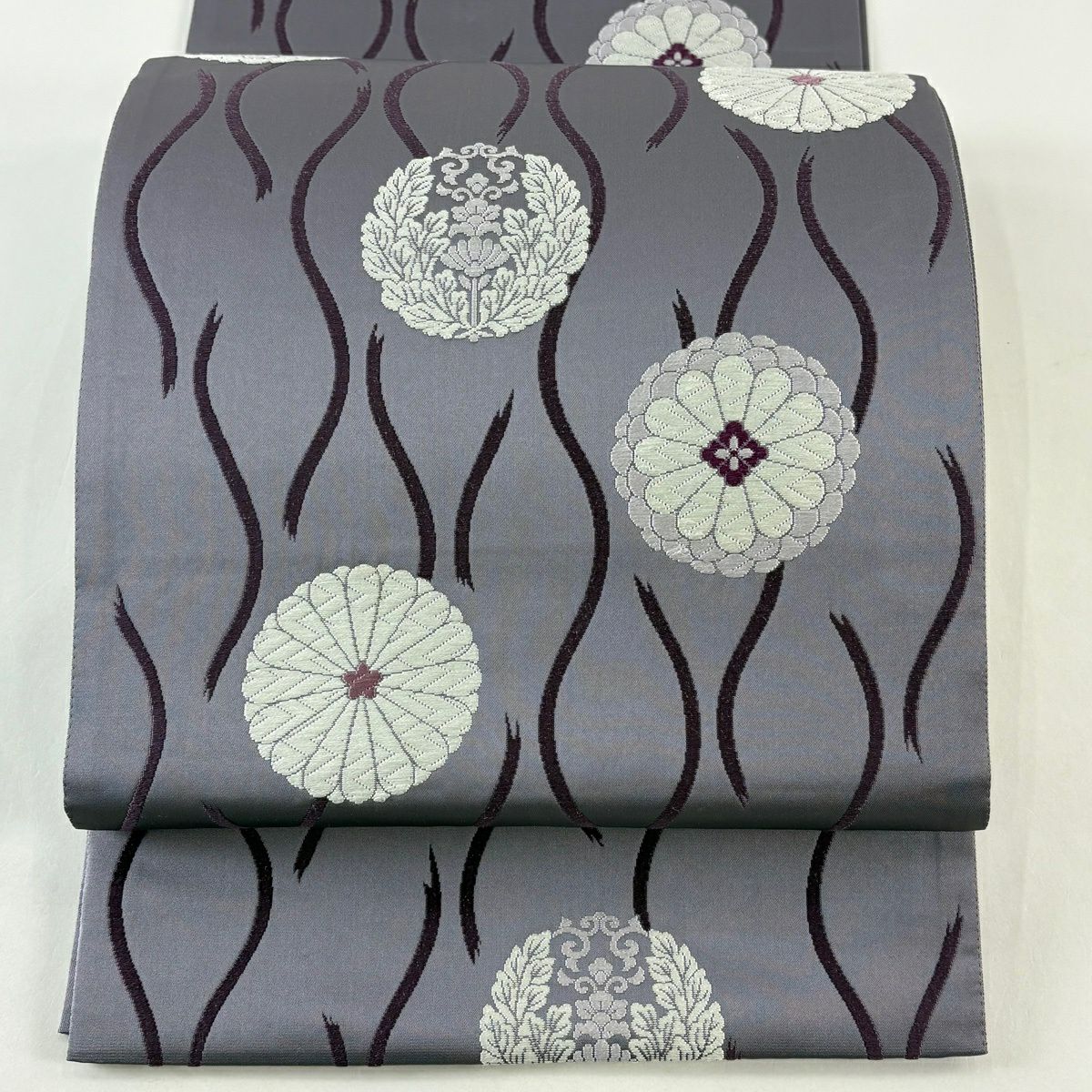 【美品】 袋帶 秀品級 菊花花 斜條 刺繡 灰紫 六通 純蠶絲