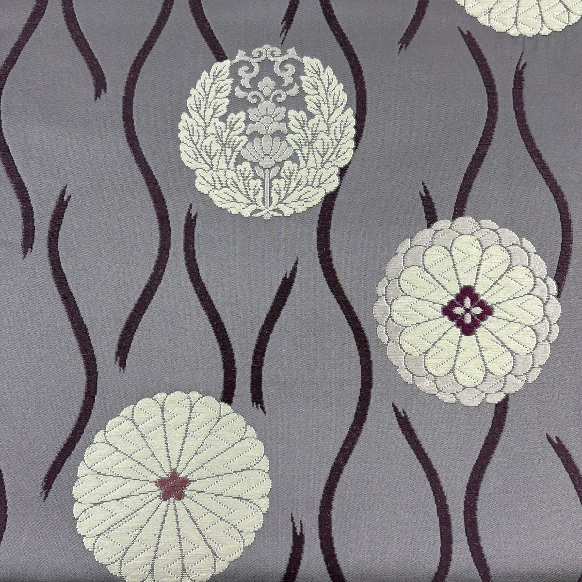 【美品】 袋帶 秀品級 菊花花 斜條 刺繡 灰紫 六通 純蠶絲