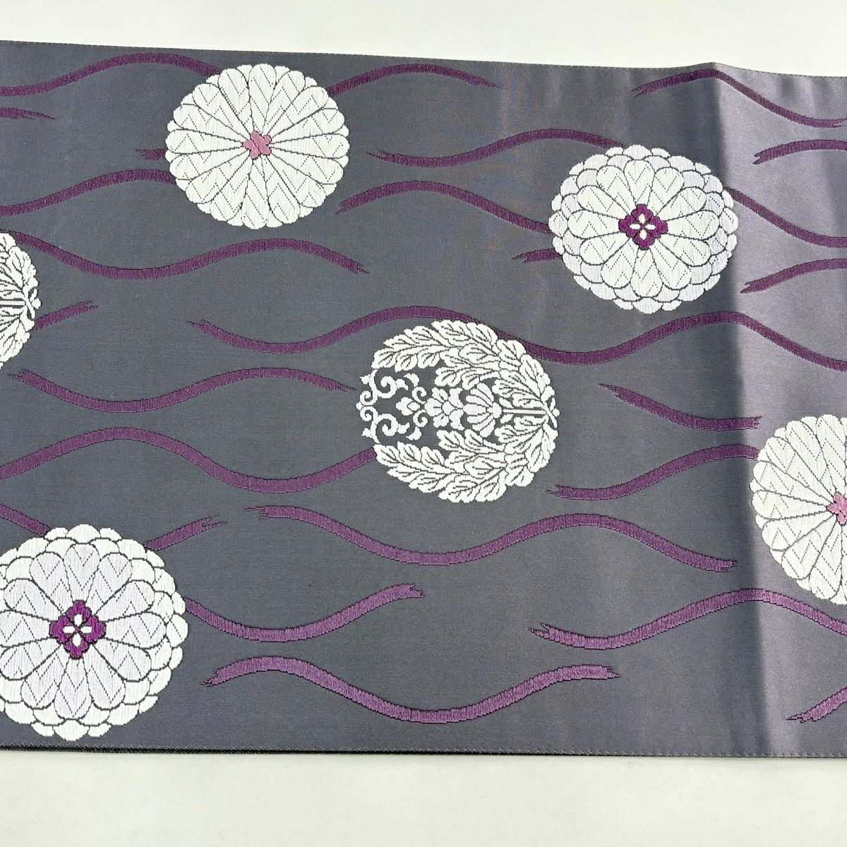 【美品】 袋帶 秀品級 菊花花 斜條 刺繡 灰紫 六通 純蠶絲