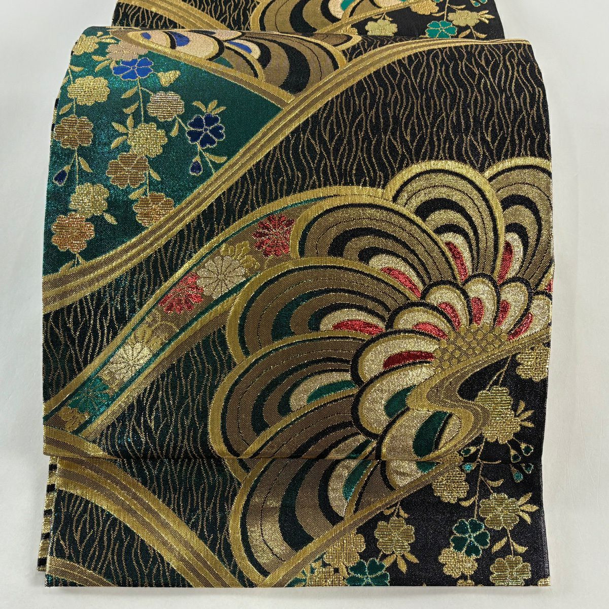 【美品】 袋帶 秀品級 菊花花 櫻花花 金金箔 金絲 黑色 六通 純蠶絲