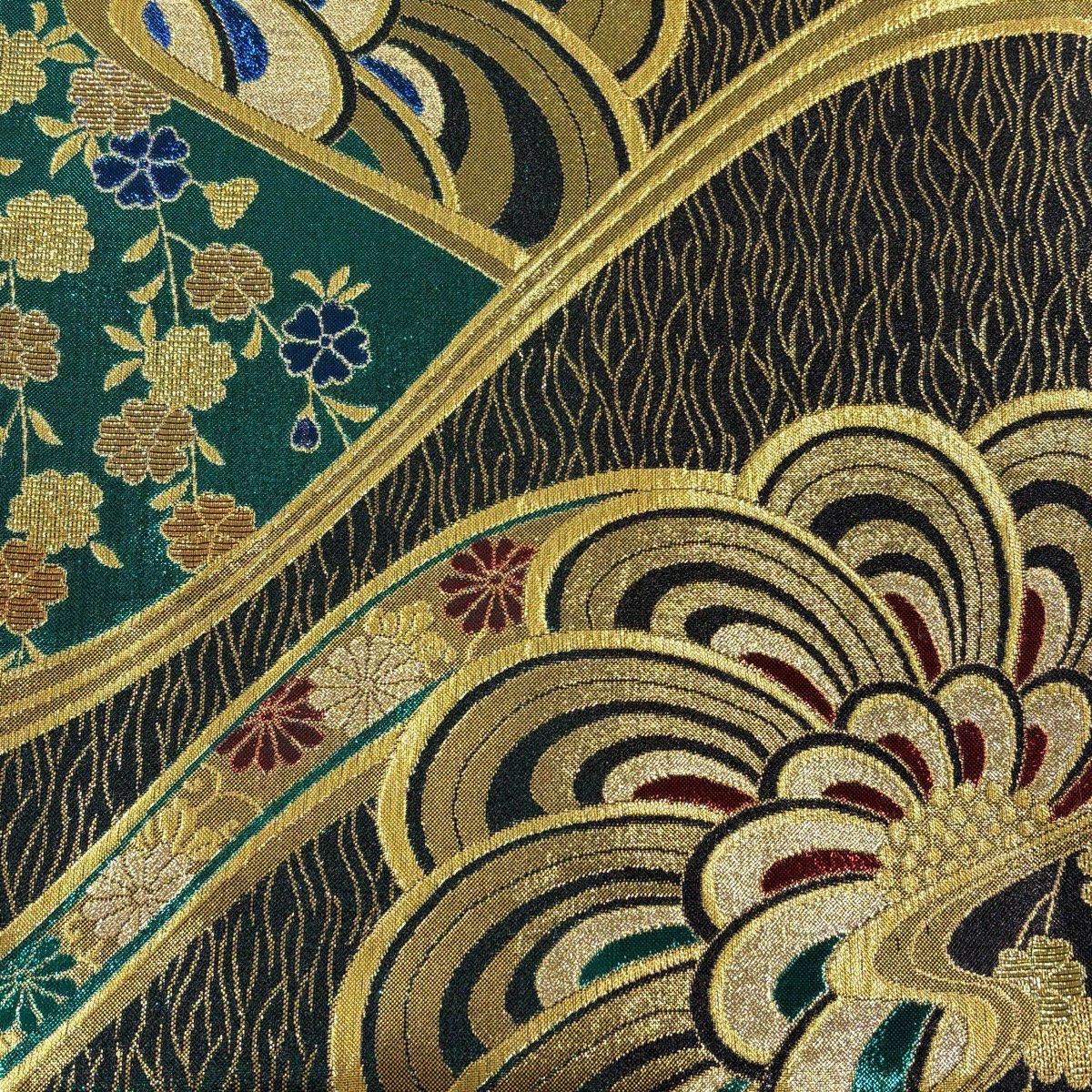 【美品】 袋帶 秀品級 菊花花 櫻花花 金金箔 金絲 黑色 六通 純蠶絲