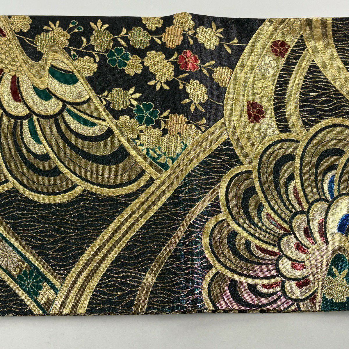 【美品】 袋帶 秀品級 菊花花 櫻花花 金金箔 金絲 黑色 六通 純蠶絲