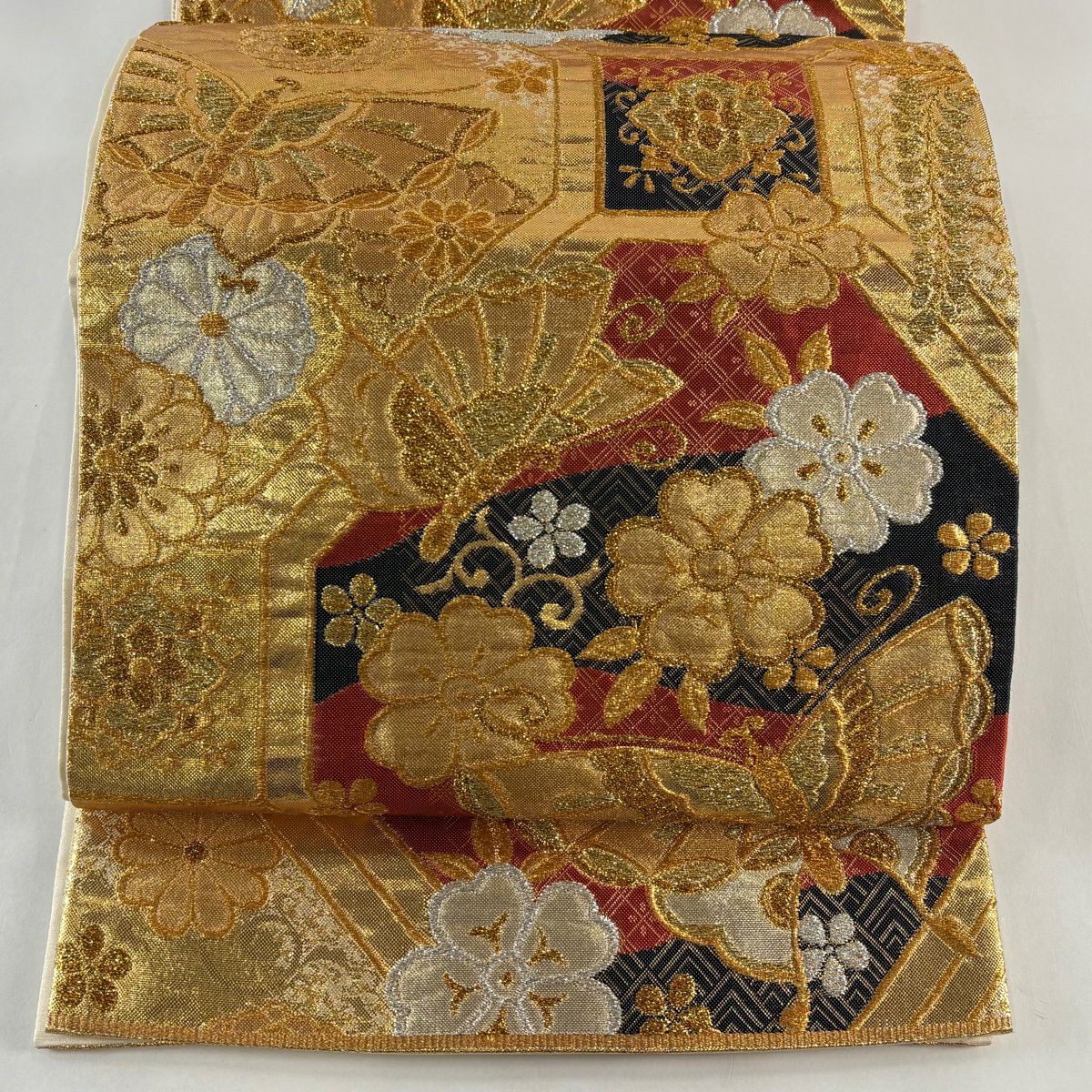 袋帶 秀品級 關西仕立 雛蝶 草花紋紋 金銀彩 金金箔 金色 六通 純蠶絲