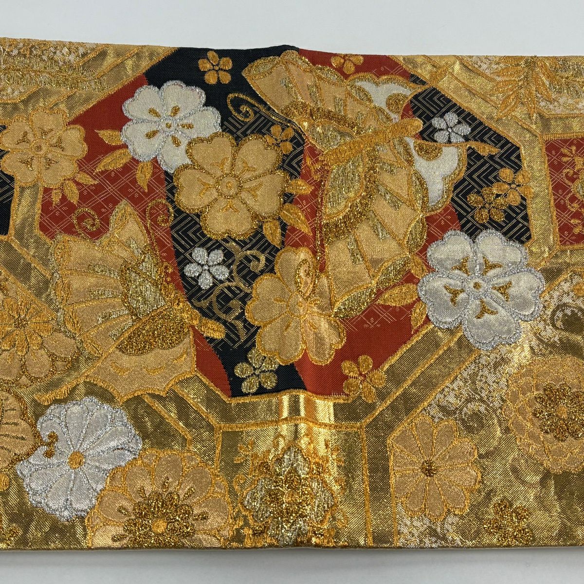 袋帶 秀品級 關西仕立 雛蝶 草花紋紋 金銀彩 金金箔 金色 六通 純蠶絲