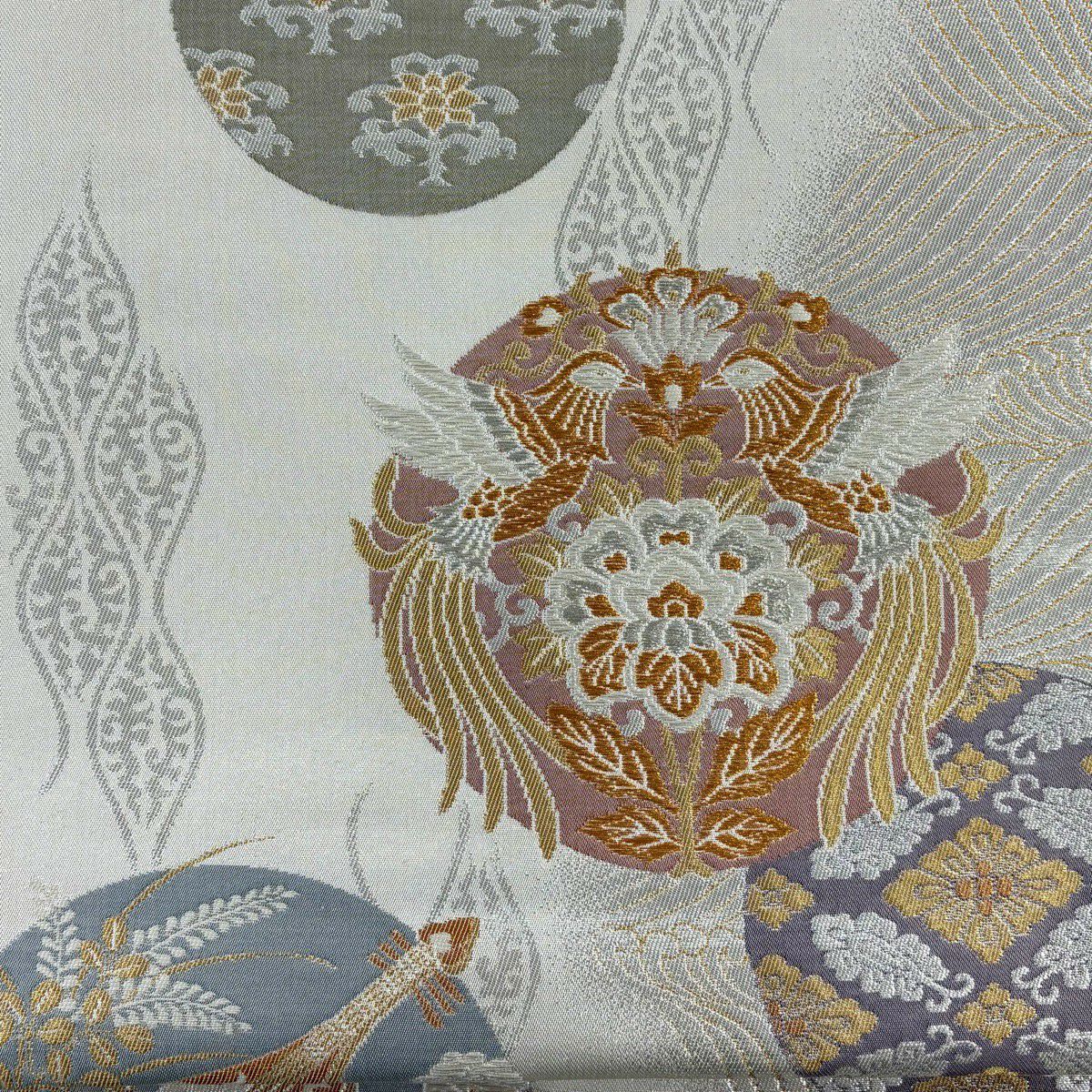 【美品】 袋帶 秀品級 向鳥 草花紋 金銀彩 金金箔 奶油 六通 純蠶絲