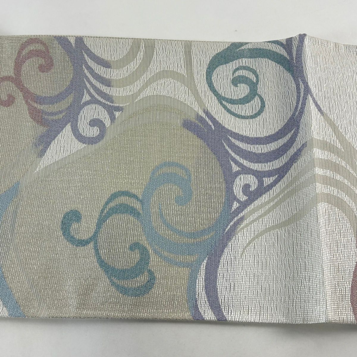 【美品】袋帶 秀品級 夏帶 關西仕立 水面 銀線 灰白 六通 純蠶絲