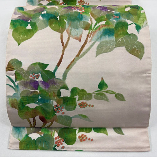 【美品】 名古屋帶 秀品級 松樹葉仕立 八寸名古屋帶 紬織織 葉與實 薄粉紅 純蠶絲