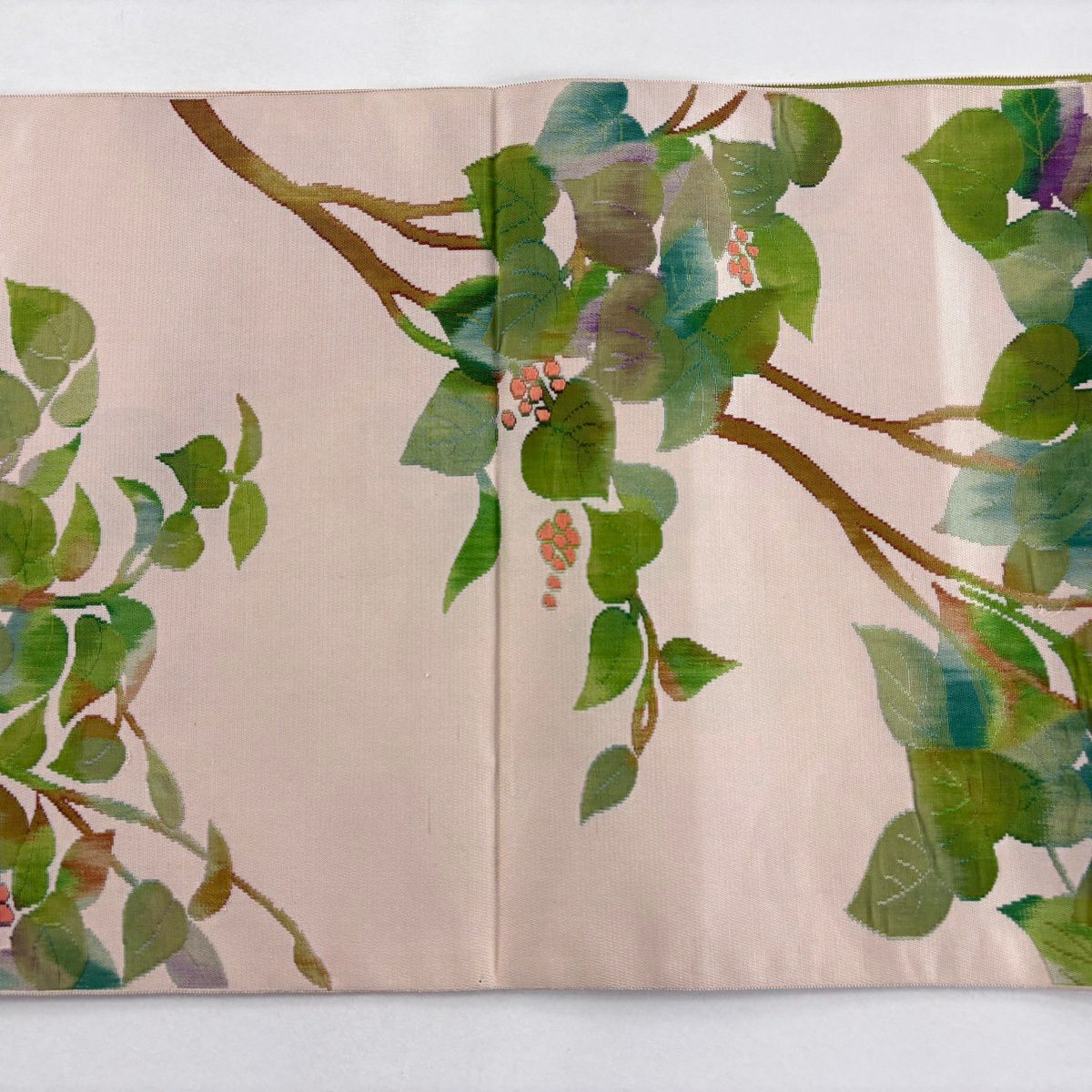 【美品】 名古屋帶 秀品級 松樹葉仕立 八寸名古屋帶 紬織織 葉與實 薄粉紅 純蠶絲