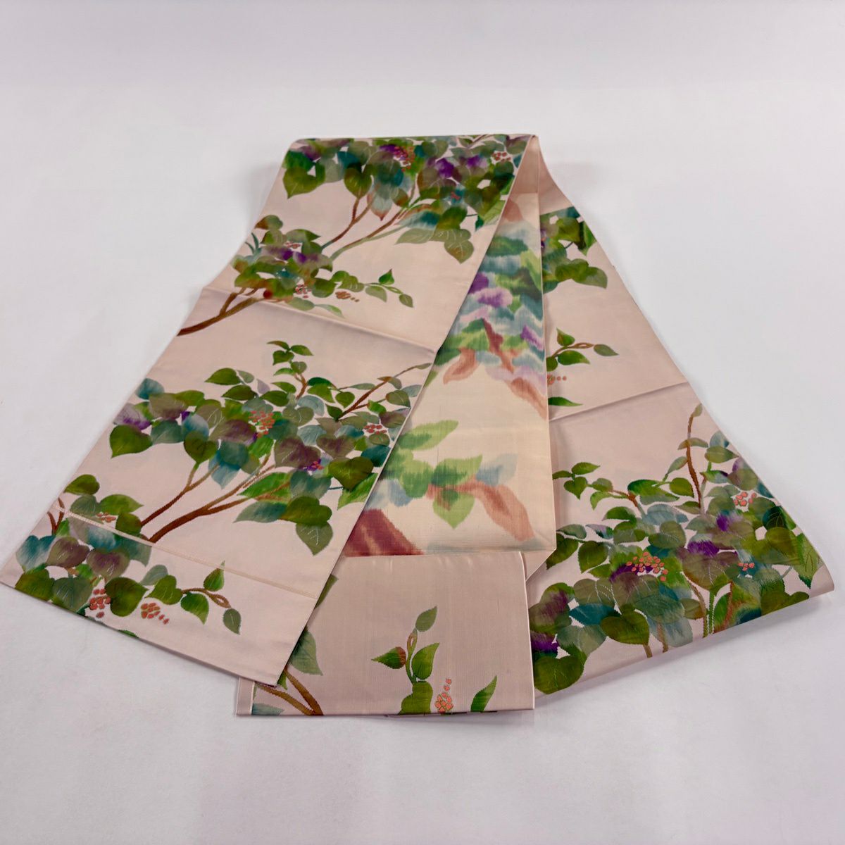 【美品】 名古屋帶 秀品級 松樹葉仕立 八寸名古屋帶 紬織織 葉與實 薄粉紅 純蠶絲