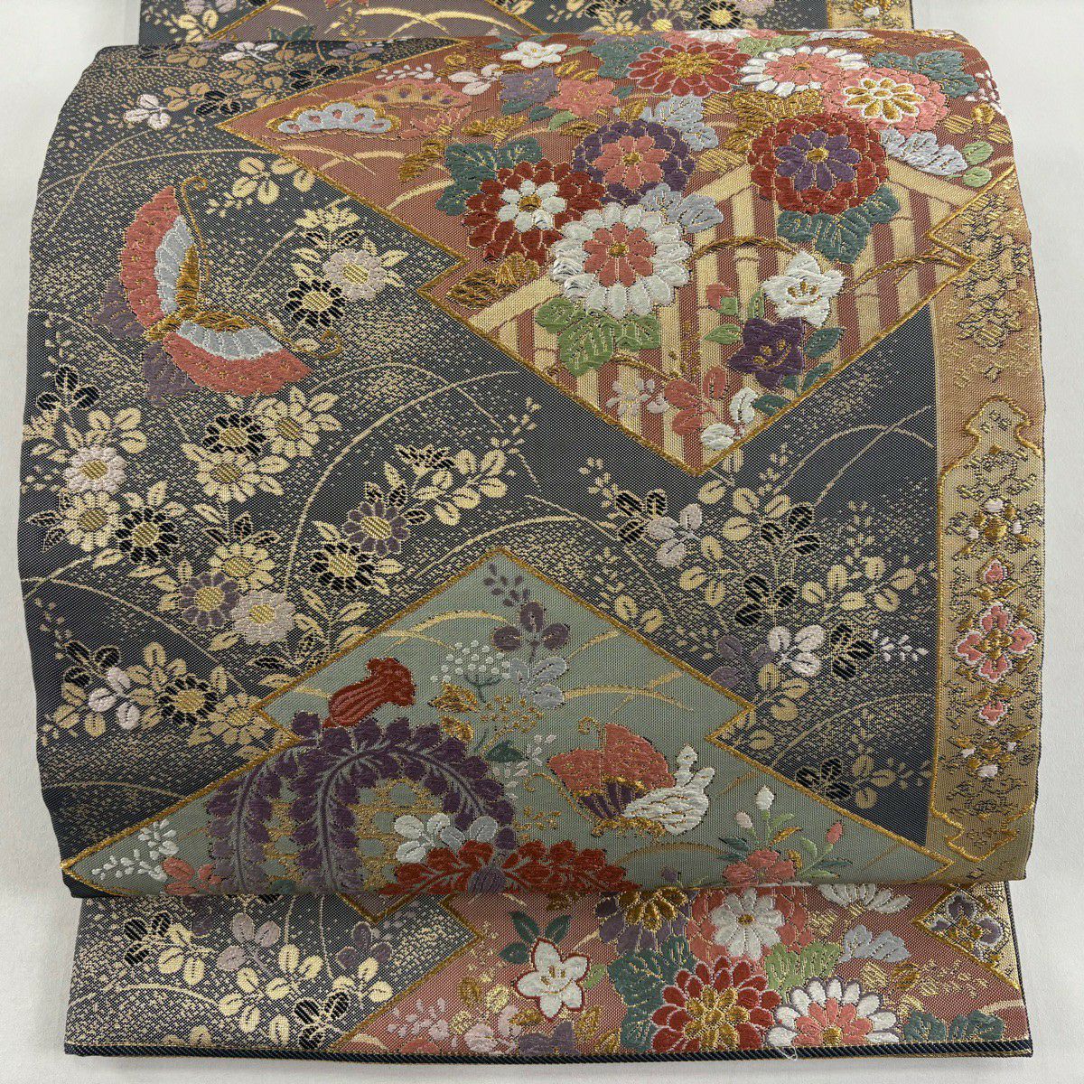 袋帶 秀品級 關西仕立 松樹皮菱 秋草 金糸 金金箔 灰色 六通 純蠶絲