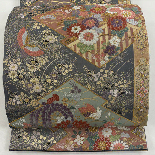 袋帶 秀品級 關西仕立 松樹皮菱 秋草 金糸 金金箔 灰色 六通 純蠶絲