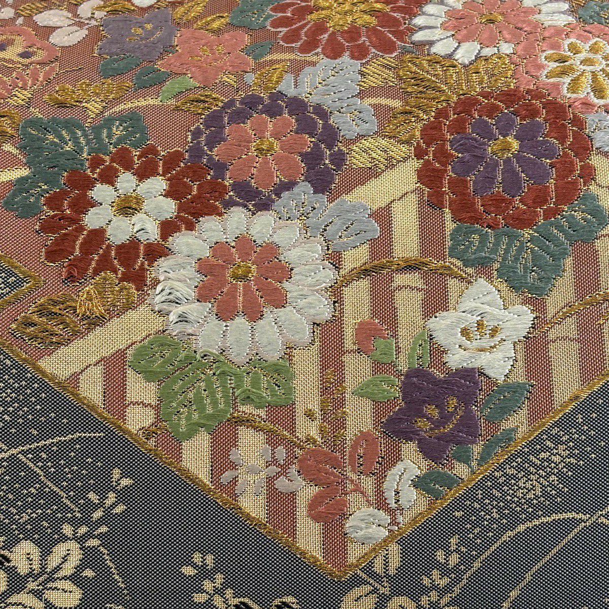 袋帶 秀品級 關西仕立 松樹皮菱 秋草 金糸 金金箔 灰色 六通 純蠶絲