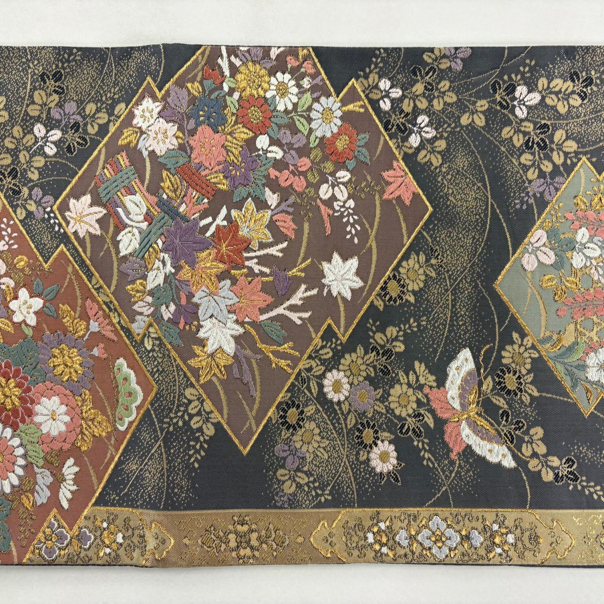 袋帶 秀品級 關西仕立 松樹皮菱 秋草 金糸 金金箔 灰色 六通 純蠶絲