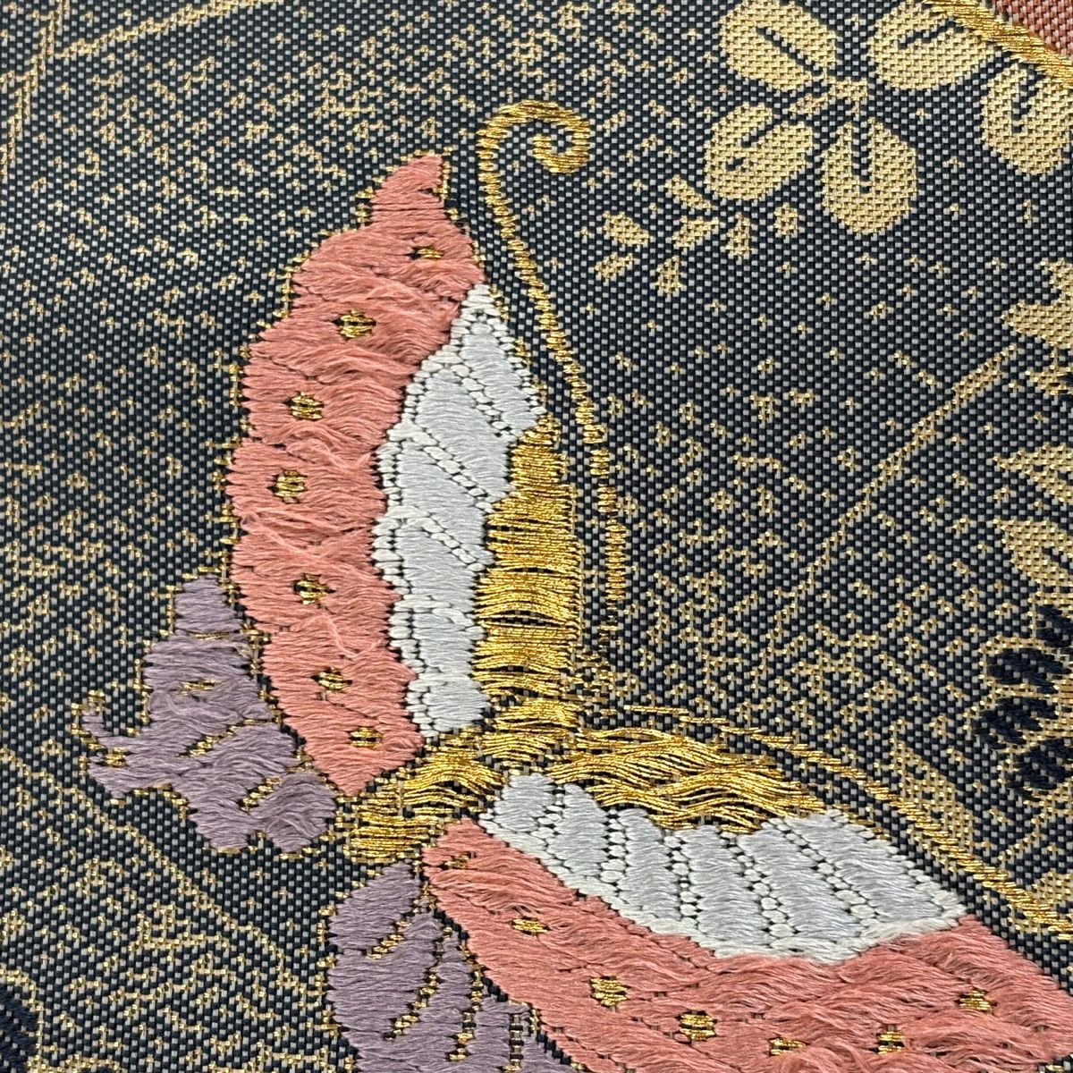 袋帶 秀品級 關西仕立 松樹皮菱 秋草 金糸 金金箔 灰色 六通 純蠶絲