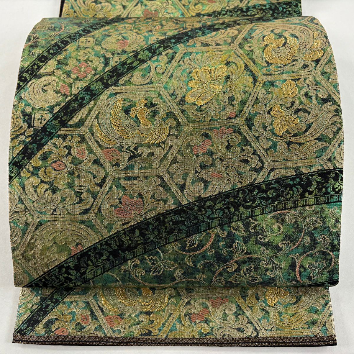【美品】 袋帶 秀品級 服部織物 落款あり 關西仕立 鳥 草花紋 金絲 金金箔 綠 六通 純蠶絲
