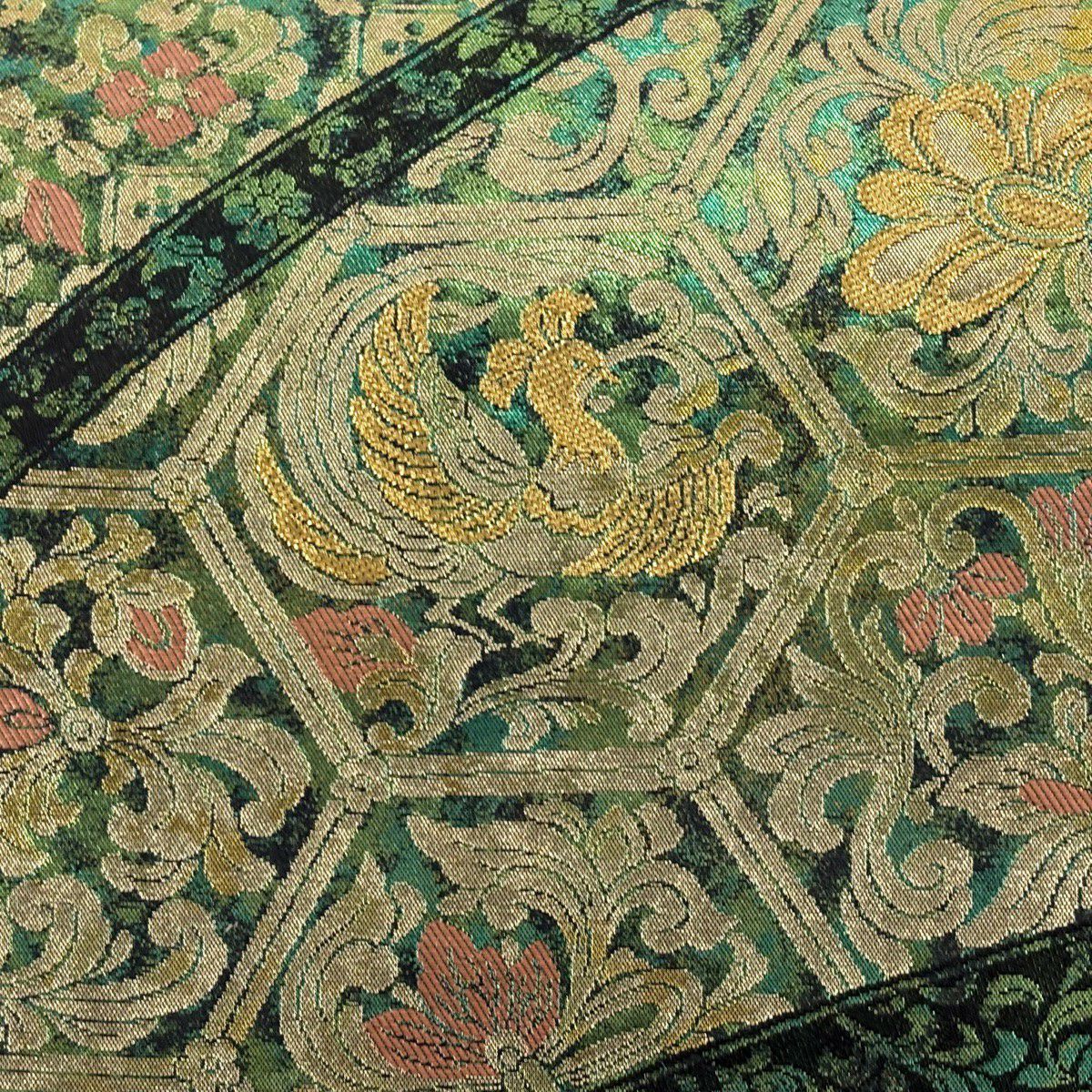 【美品】 袋帶 秀品級 服部織物 落款あり 關西仕立 鳥 草花紋 金絲 金金箔 綠 六通 純蠶絲