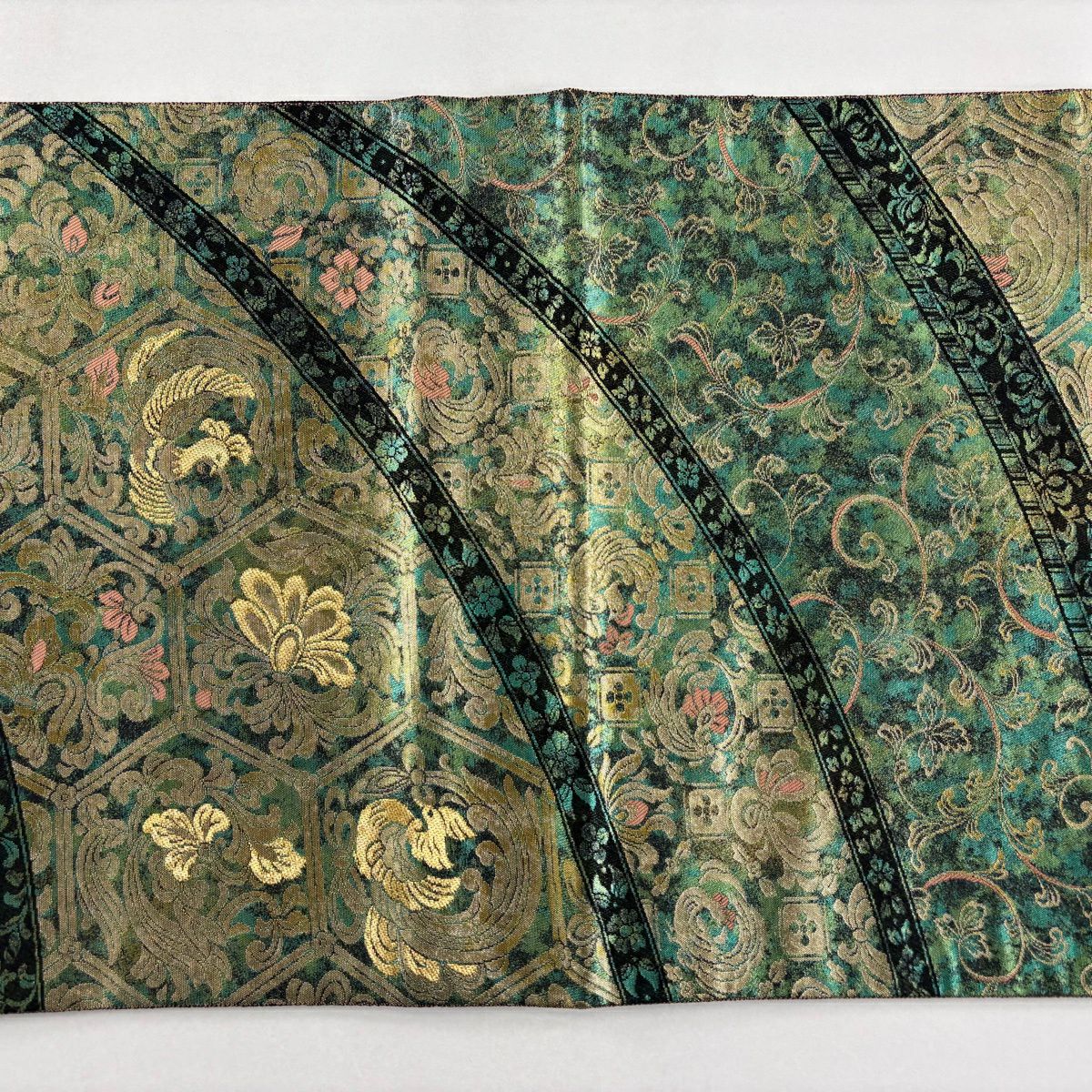 【美品】 袋帶 秀品級 服部織物 落款あり 關西仕立 鳥 草花紋 金絲 金金箔 綠 六通 純蠶絲