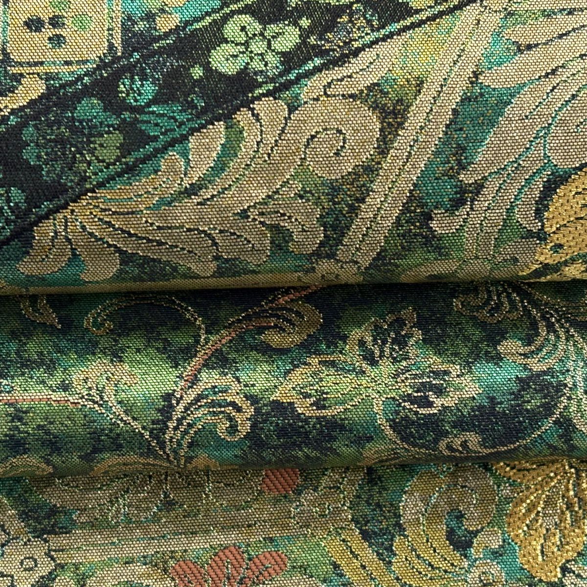 【美品】 袋帶 秀品級 服部織物 落款あり 關西仕立 鳥 草花紋 金絲 金金箔 綠 六通 純蠶絲