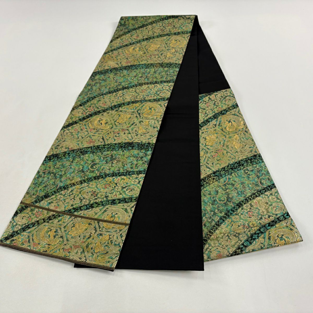 【美品】 袋帶 秀品級 服部織物 落款あり 關西仕立 鳥 草花紋 金絲 金金箔 綠 六通 純蠶絲