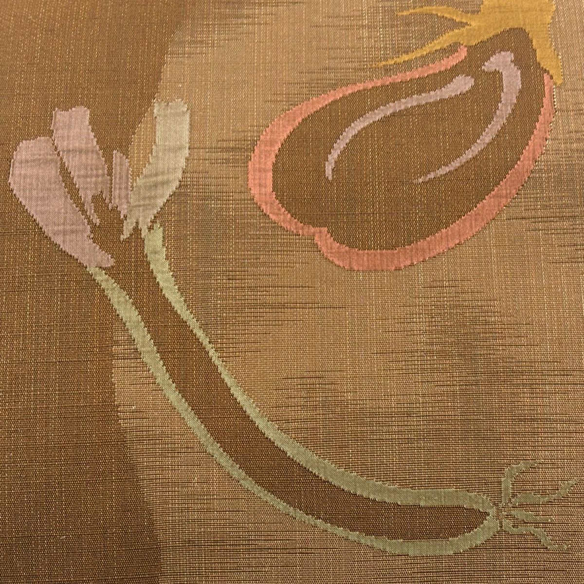 【美品】 袋帶 秀品級 落款あり 生り物 金糸 茶 六通 純蠶絲