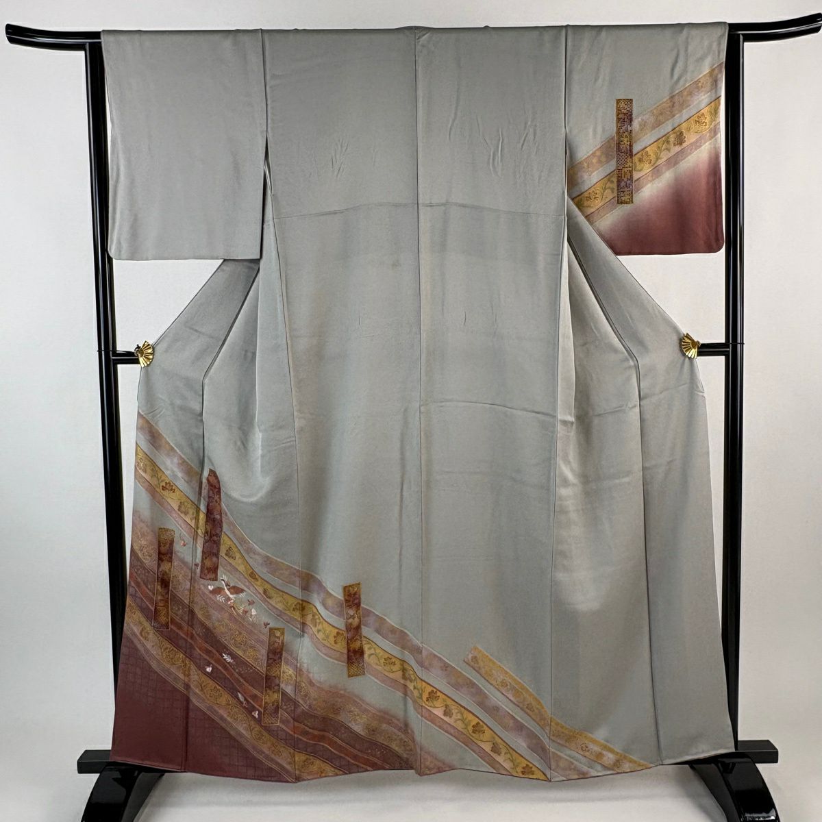 付下 身長159.5cm 袖長63cm S 雙層 鳥 花唐草紋 刺繡 金彩裝飾 灰 純蠶絲 秀品級