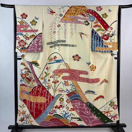 訪問服 身長156.5cm 袖長65cm M 雙層 草花紋紋 山 薄奶油色 純蠶絲 優品級