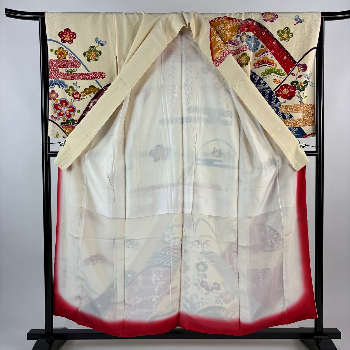 訪問服 身長156.5cm 袖長65cm M 雙層 草花紋紋 山 薄奶油色 純蠶絲 優品級
