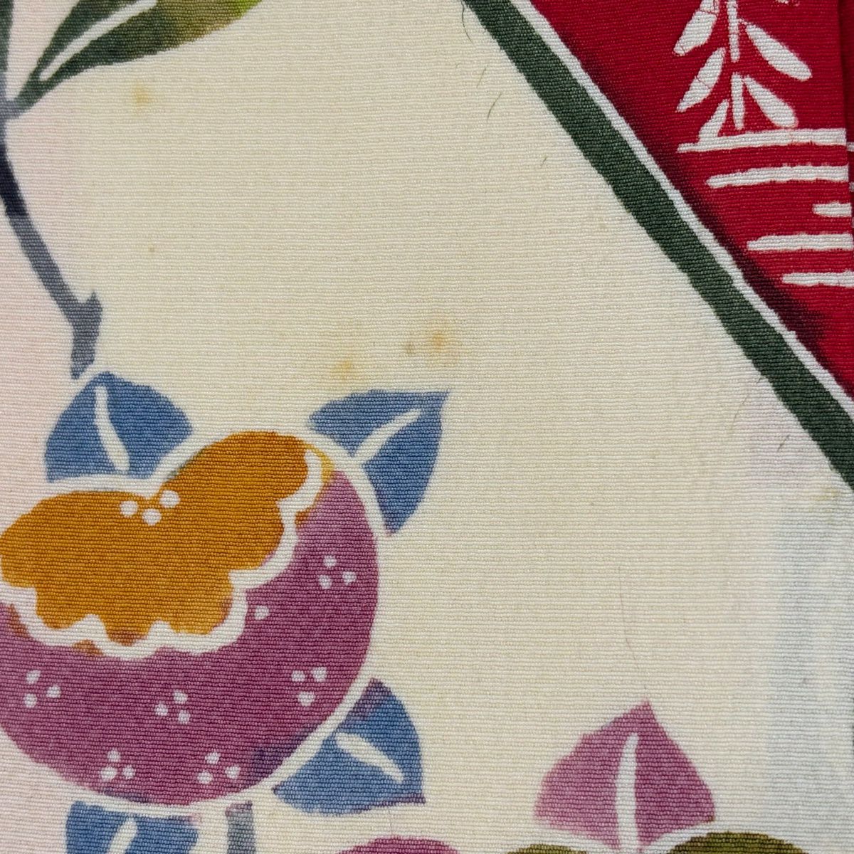 訪問服 身長156.5cm 袖長65cm M 雙層 草花紋紋 山 薄奶油色 純蠶絲 優品級