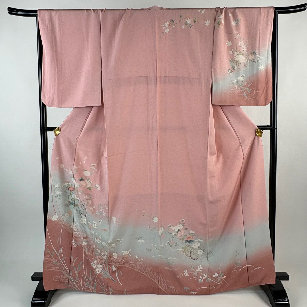 訪問服 身長166.5cm 袖長67.5cm L 雙層 源氏車 草花紋紋 漸層 粉紅 純蠶絲 優品級