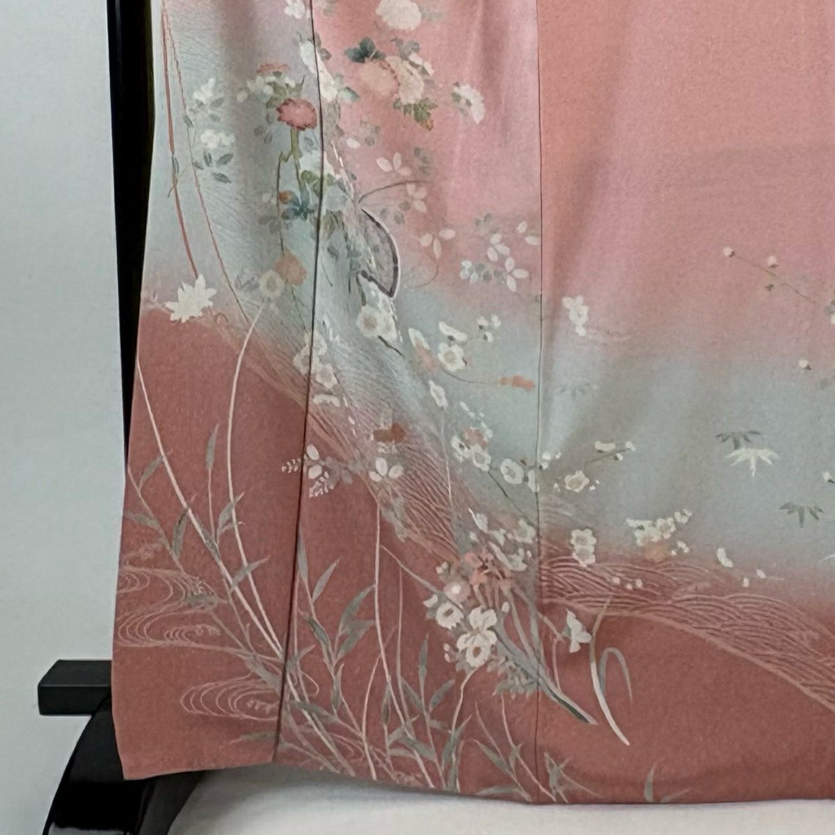 訪問服 身長166.5cm 袖長67.5cm L 雙層 源氏車 草花紋紋 漸層 粉紅 純蠶絲 優品級
