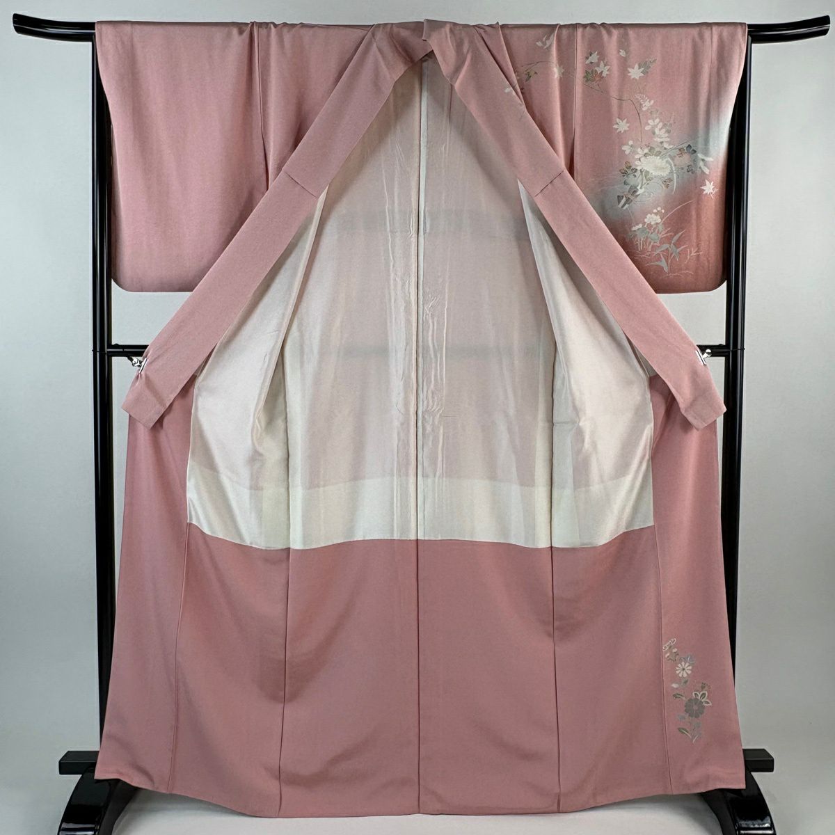 訪問服 身長166.5cm 袖長67.5cm L 雙層 源氏車 草花紋紋 漸層 粉紅 純蠶絲 優品級