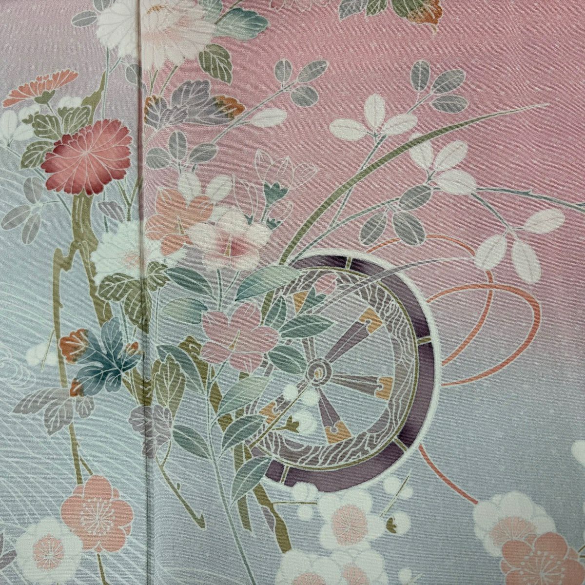 訪問服 身長166.5cm 袖長67.5cm L 雙層 源氏車 草花紋紋 漸層 粉紅 純蠶絲 優品級