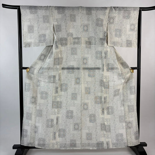 紬織 身長161.5cm 袖長64.5cm M 薄物 華紋 草花紋紋 灰白 純蠶絲 秀品級