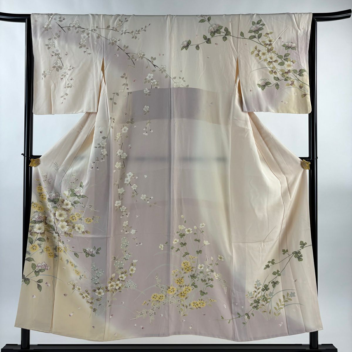 訪問服 身長152.5cm 袖長64.5cm M 雙層 草花紋紋 垂枝櫻 金彩裝飾 染分 薄粉紅 純蠶絲 秀品級