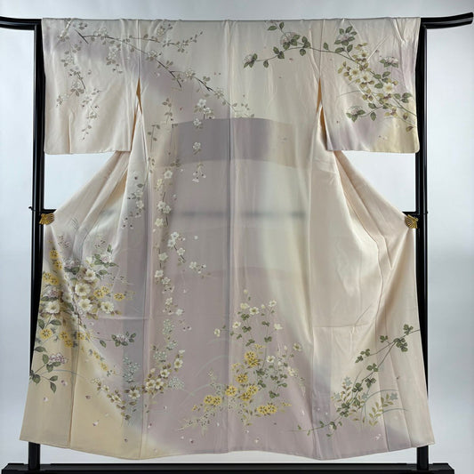 訪問服 身長152.5cm 袖長64.5cm M 雙層 草花紋紋 垂枝櫻 金彩裝飾 染分 薄粉紅 純蠶絲 秀品級