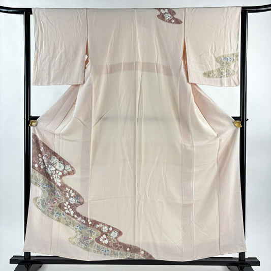 付下 身長158cm 袖長62cm S 雙層 辻花染圖案 流水 絞染 淺粉色 純蠶絲 優品級