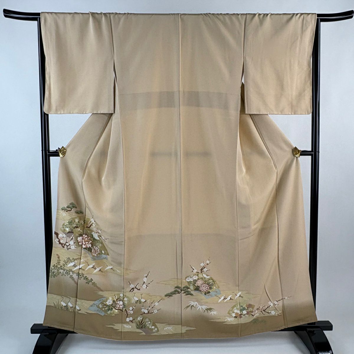 色留袖禮服 身長161.5cm 袖長66.5cm M 雙層 扇子面 仙鶴 金絲 金銀彩 粉米色 純蠶絲 優品級