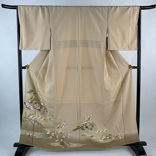 色留袖禮服 身長161.5cm 袖長66.5cm M 雙層 扇子面 仙鶴 金絲 金銀彩 粉米色 純蠶絲 優品級