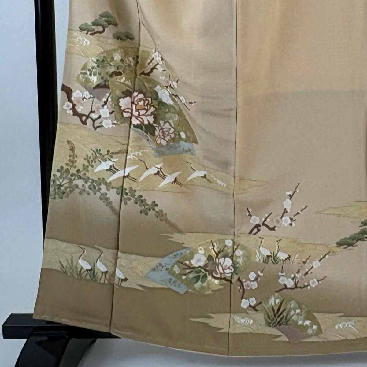 色留袖禮服 身長161.5cm 袖長66.5cm M 雙層 扇子面 仙鶴 金絲 金銀彩 粉米色 純蠶絲 優品級