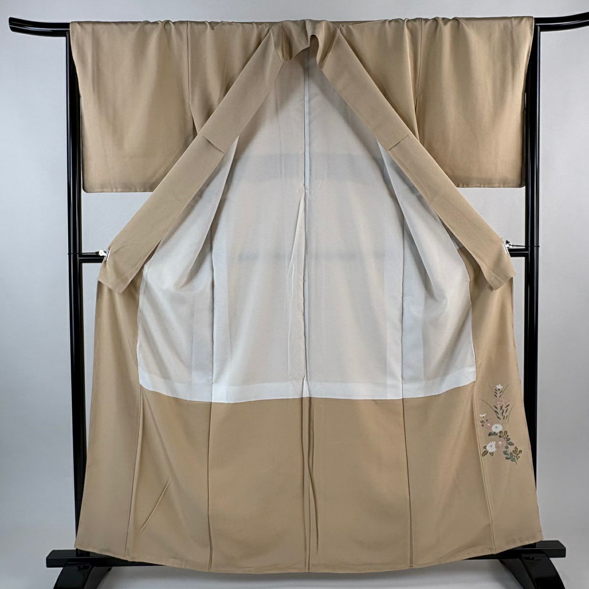 色留袖禮服 身長161.5cm 袖長66.5cm M 雙層 扇子面 仙鶴 金絲 金銀彩 粉米色 純蠶絲 優品級