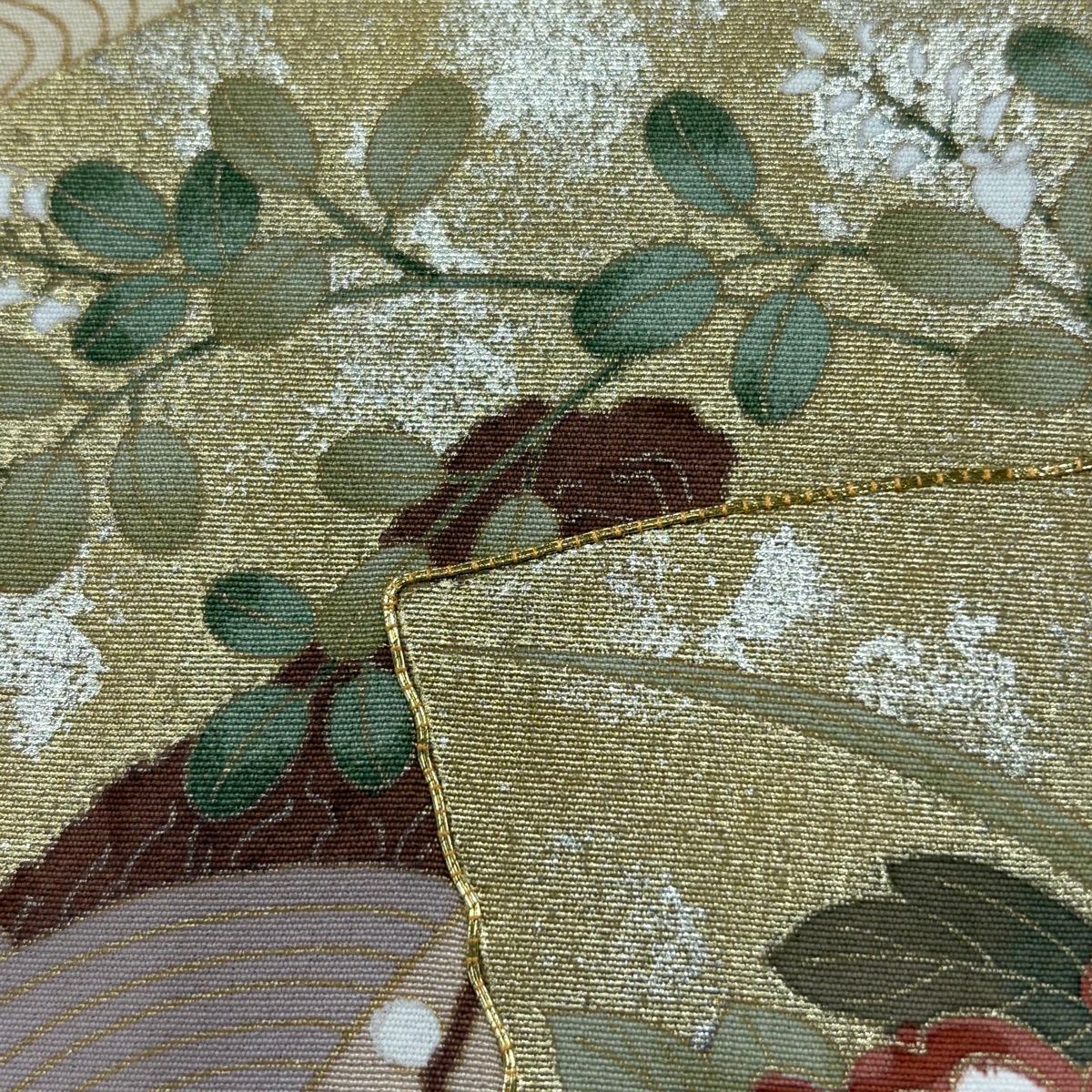 色留袖禮服 身長161.5cm 袖長66.5cm M 雙層 扇子面 仙鶴 金絲 金銀彩 粉米色 純蠶絲 優品級