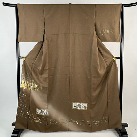 【美品】 付下 身長164.5cm 袖長64cm M 雙層 鳳凰 寶物滿載 金銀彩 漸層 茶 純蠶絲 優品級