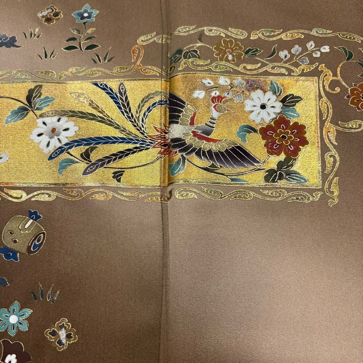 【美品】 付下 身長164.5cm 袖長64cm M 雙層 鳳凰 寶物滿載 金銀彩 漸層 茶 純蠶絲 優品級