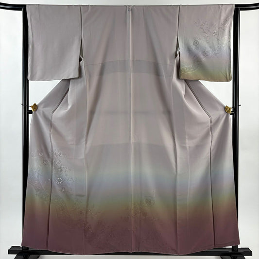 付下 身長159cm 袖長63.5cm S 雙層 花唐草紋 華紋 刺繡 金線 灰紫 純蠶絲 秀品級 一個紋