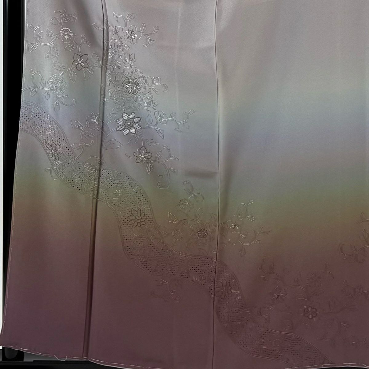付下 身長159cm 袖長63.5cm S 雙層 花唐草紋 華紋 刺繡 金線 灰紫 純蠶絲 秀品級 一個紋