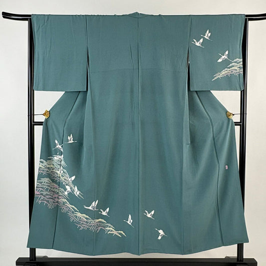 付下 身長150.5cm 袖長64.5cm M 雙層 落款有 仙鶴 松樹 薄青綠 純蠶絲 秀品級